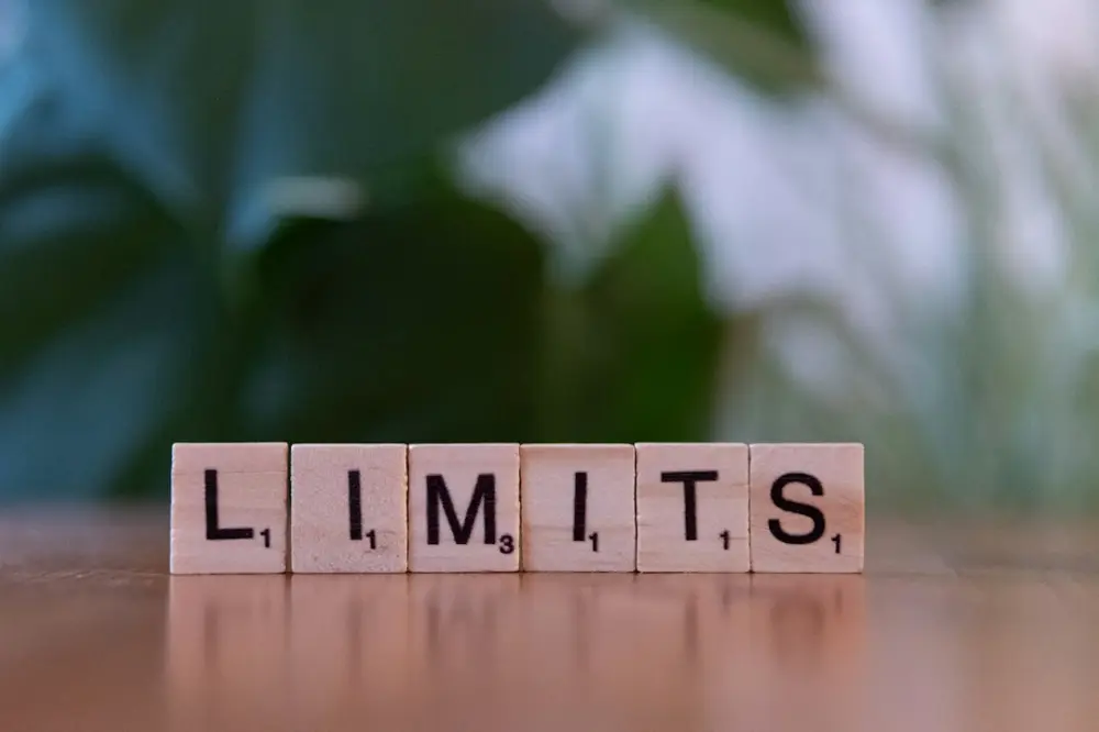 A wooden block spelling the word limits on a table, illustrating recognizing limits of general pain information